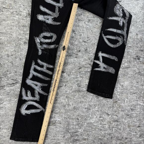 GFTD Los Angeles‎ Jeans Mens 36x33 Black White Death To All Skull Distressed - Picture 4 of 13